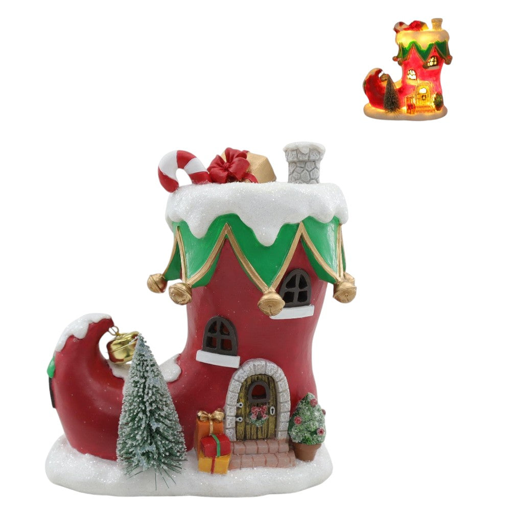 8" Light-Up Christmas Resin Boot House – Festive Holiday Decor