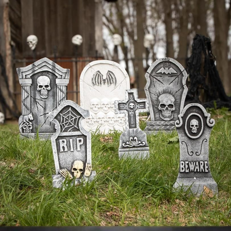Six-piece Halloween foam tombstone set with bats skulls and RIP designs