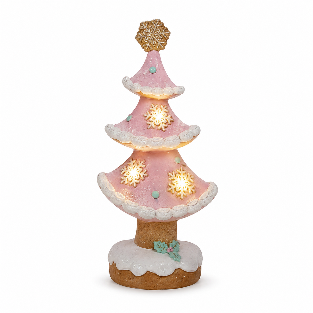 10.8" Pink Gingerbread Christmas Tree with LED Lights – Whimsical Pastel Holiday Decor