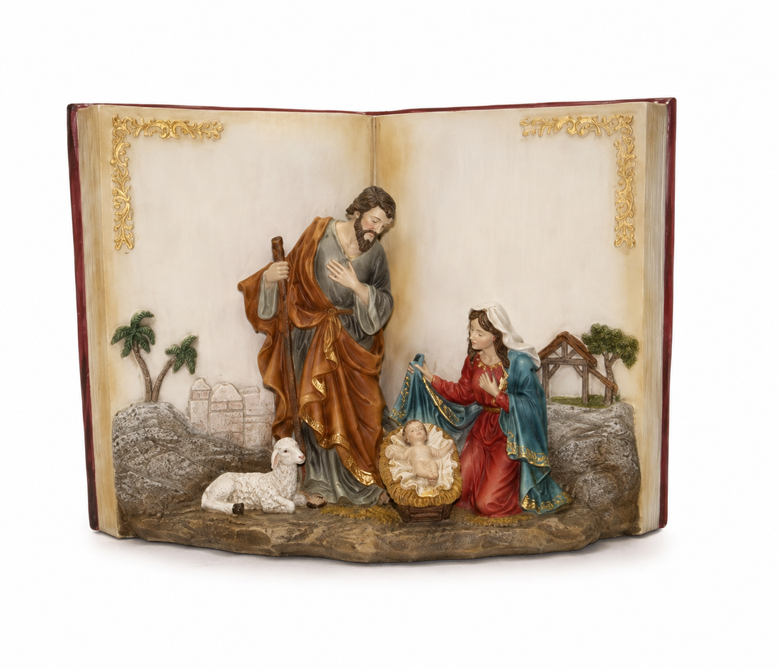 9" Holy Family in Bible Book - Unique Nativity Christmas Decoration