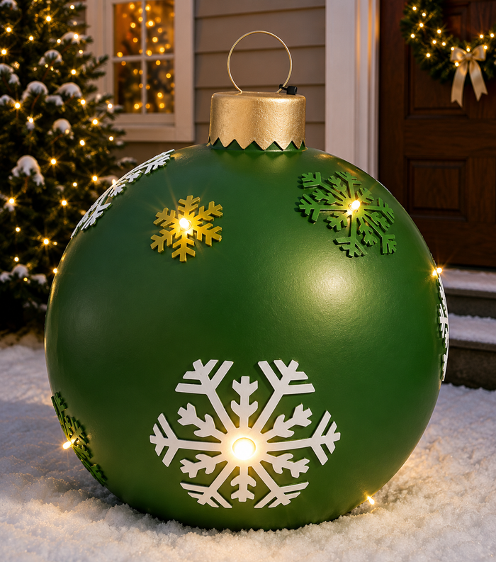 24-inch green LED lighted Christmas ornament with snowflake accents and timer
