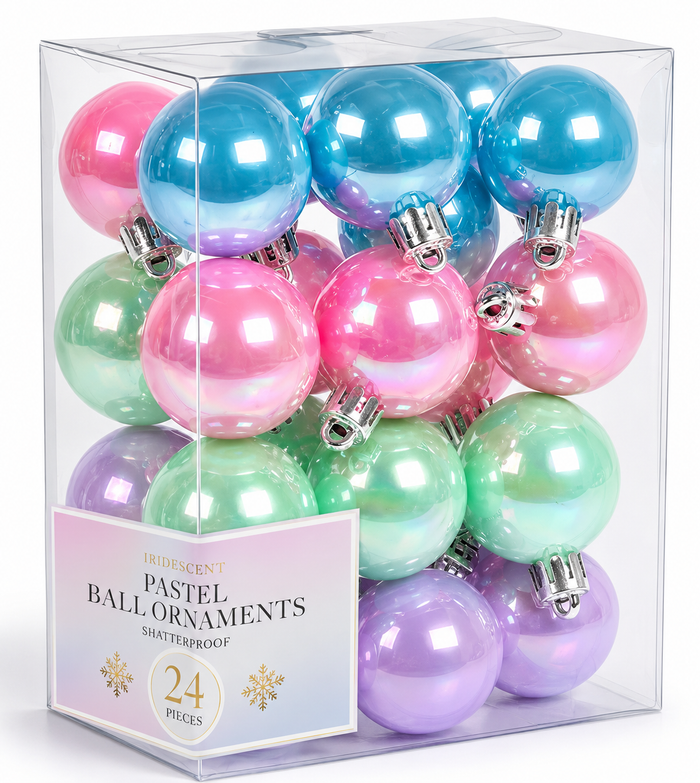 24-piece pastel mini ball Christmas ornament set with iridescent pink, blue, green, and purple ornaments for decorating Christmas trees, wreaths, garlands, and holiday centerpieces.