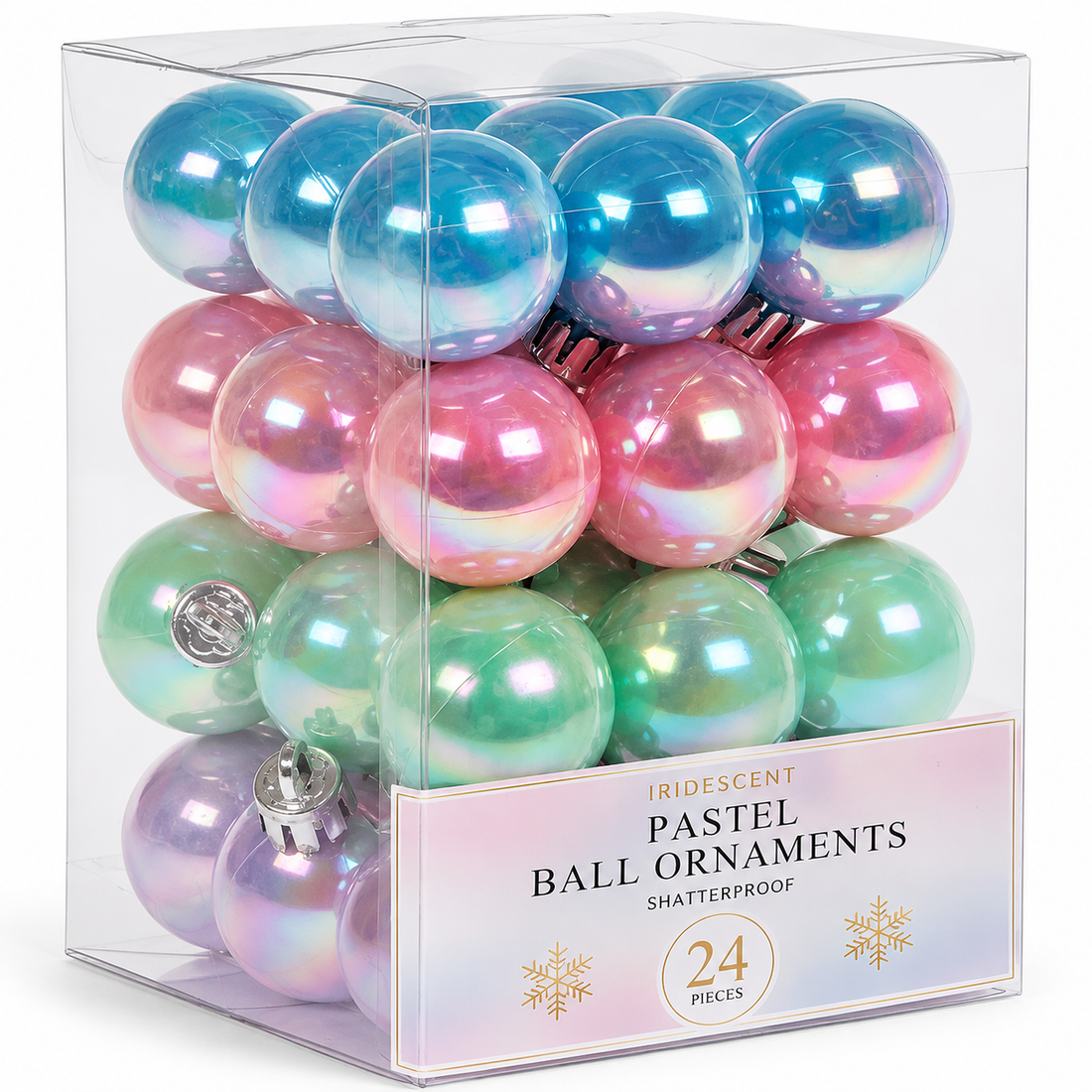 36-piece pastel mini ball Christmas ornament set with iridescent pink, blue, green, and purple plastic ornaments for decorating mini Christmas trees, wreaths, garlands, and holiday centerpieces.