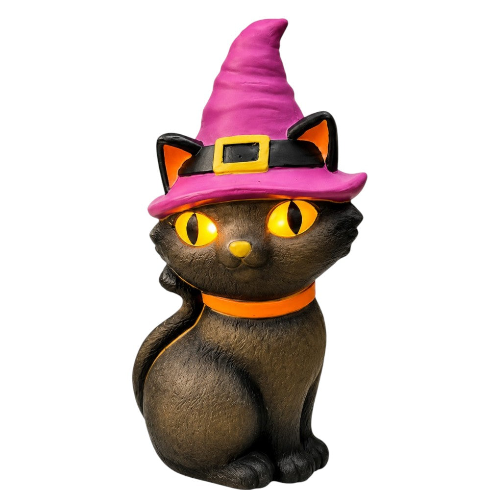 11" LED Light-Up Black Cat with Witch Hat Blow Mold Halloween Decoration