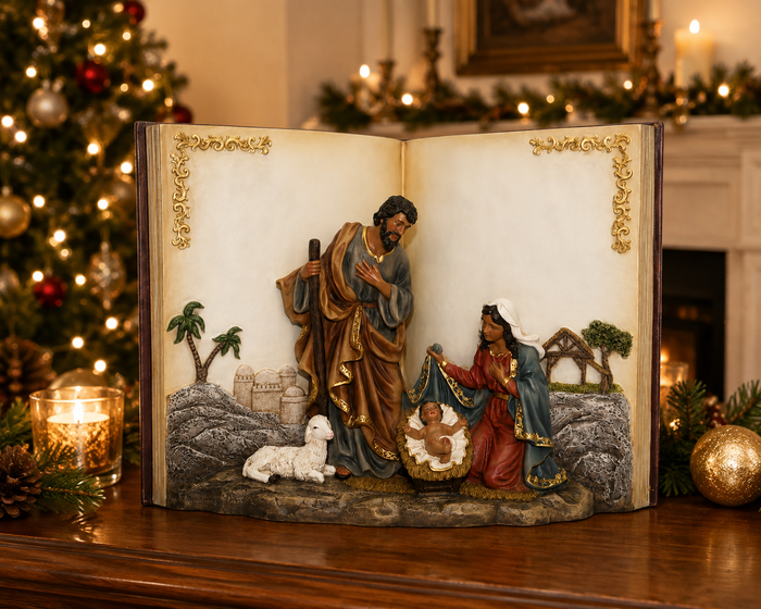 9" African American Holy Family Nativity Scene in Open Book - Unique Christian Christmas Decor