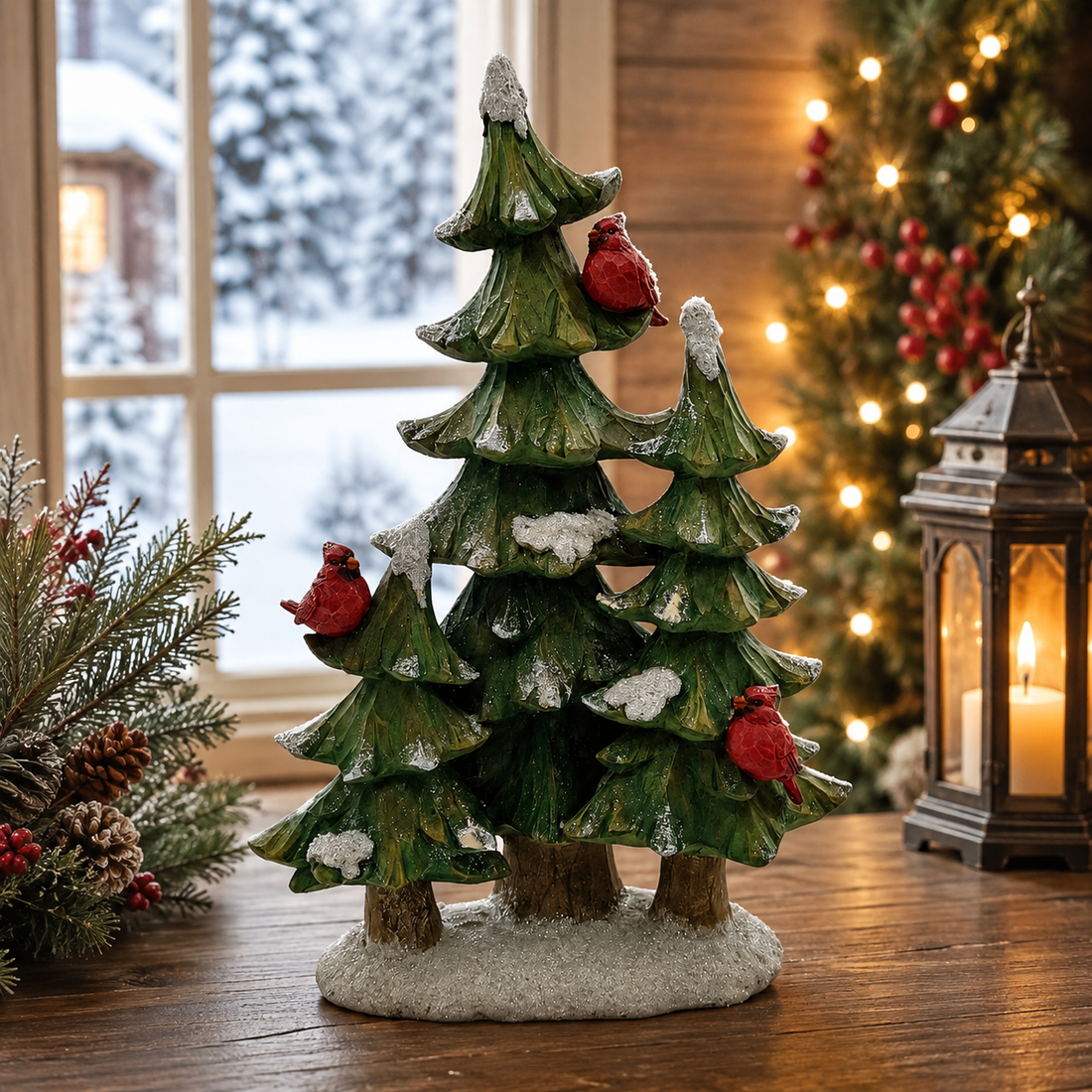 15" Christmas Tree with Cardinals – Snow-Dusted Holiday Decoration