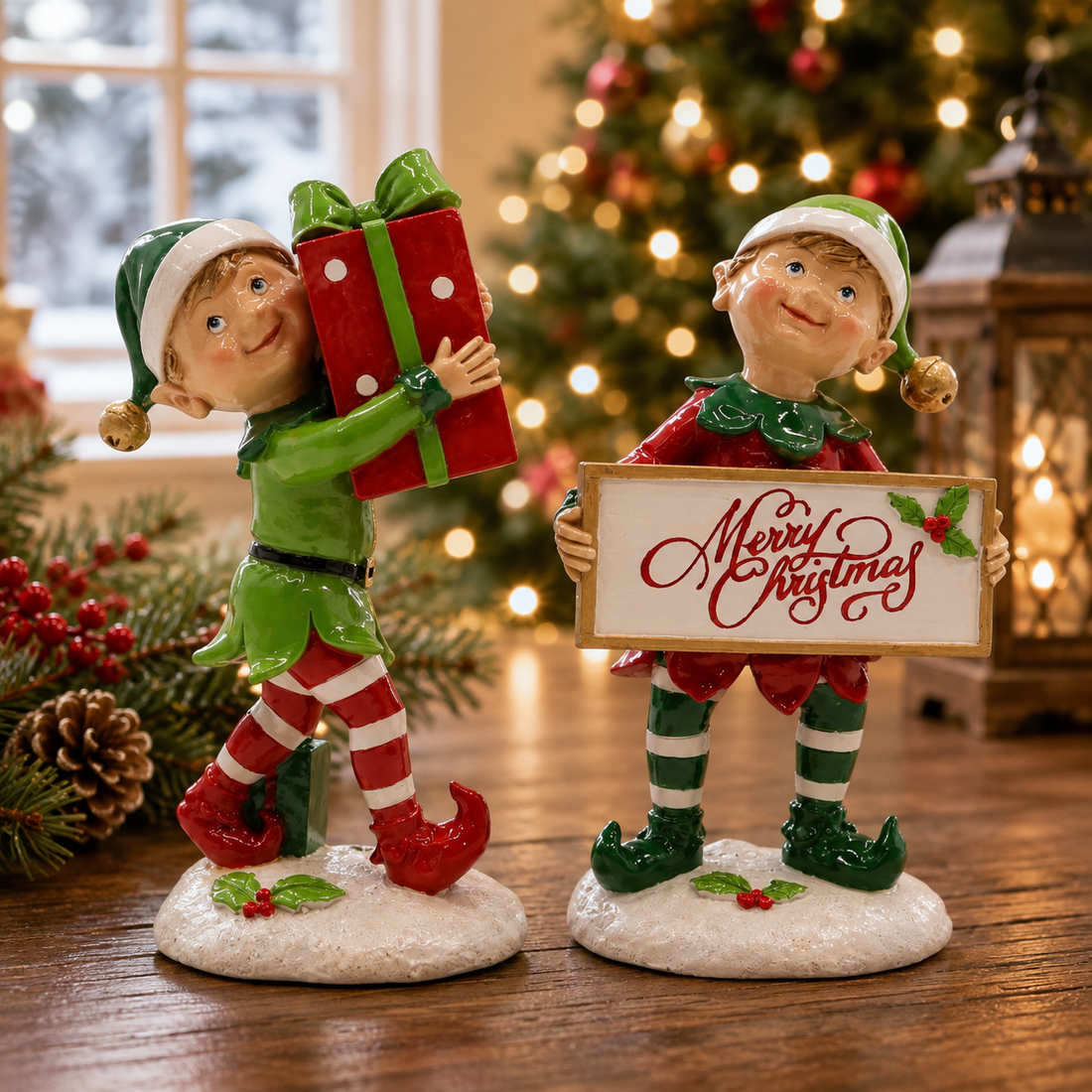 Two Christmas elf figurines with wrapped gift and Merry Christmas sign