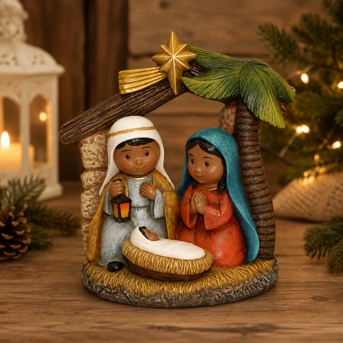 6" African American Holy Family Nativity Scene with Palm Tree – Kid-Friendly Christmas Decoration