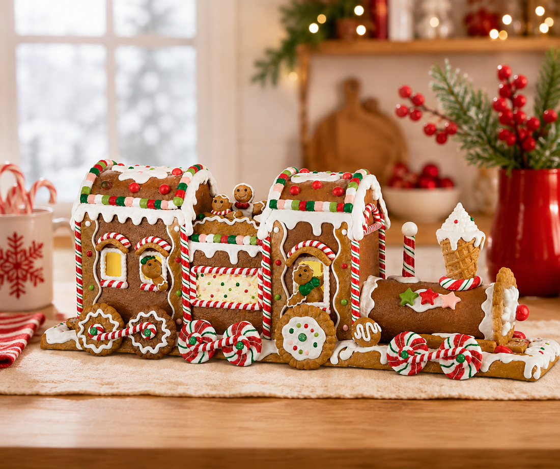 Alternate view of lighted gingerbread train Christmas decoration