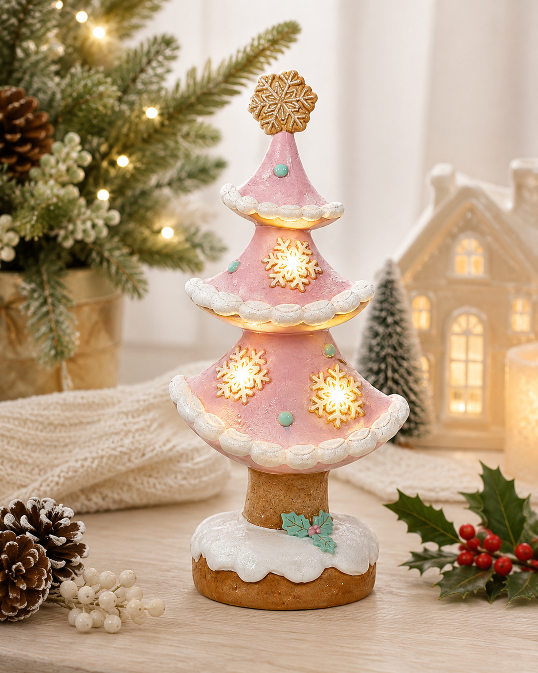 10.8" Pink Gingerbread Christmas Tree with LED Lights – Whimsical Pastel Holiday Decor