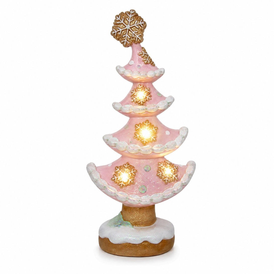 13.1" Pink Gingerbread Christmas Tree with LED Lights – Festive Pastel Holiday Decoration