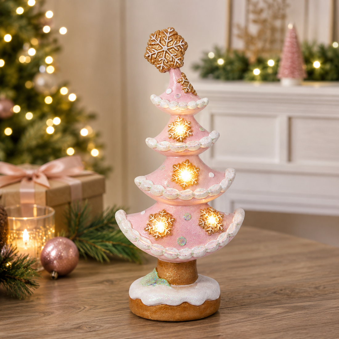 13.1" Pink Gingerbread Christmas Tree with LED Lights – Festive Pastel Holiday Decoration
