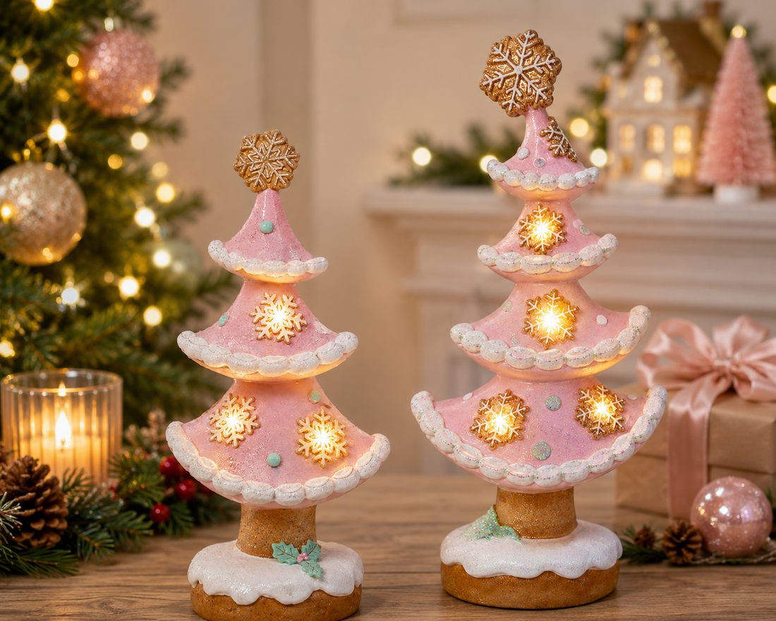 13.1" Pink Gingerbread Christmas Tree with LED Lights – Festive Pastel Holiday Decoration