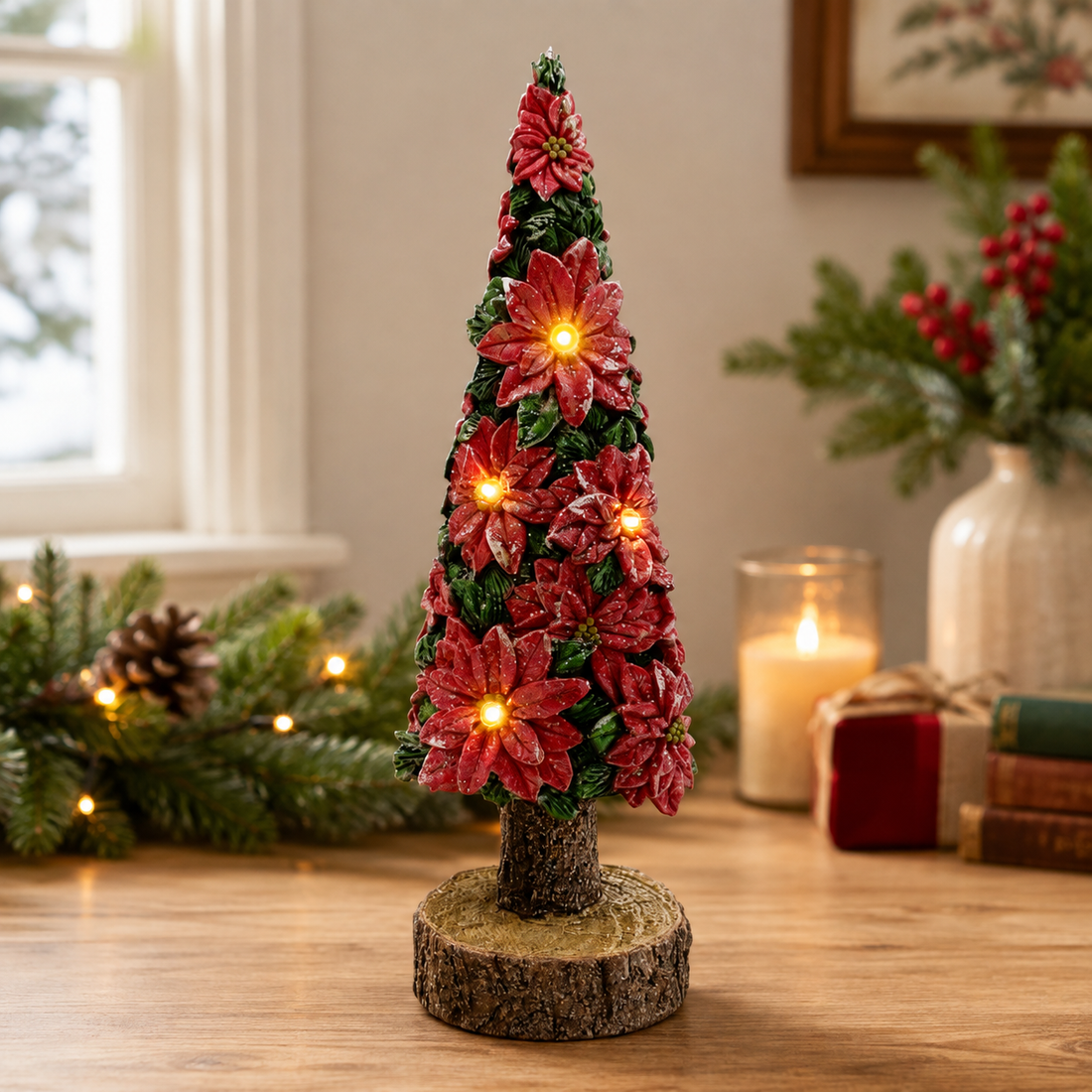 15.75" Poinsettia Christmas Tree with LED Light- Festive Holiday Decoration