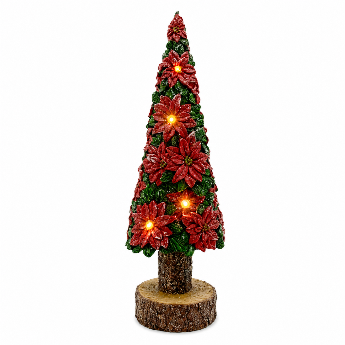 13" Poinsettia Christmas Tree with LED Light- Festive Holiday Decoration