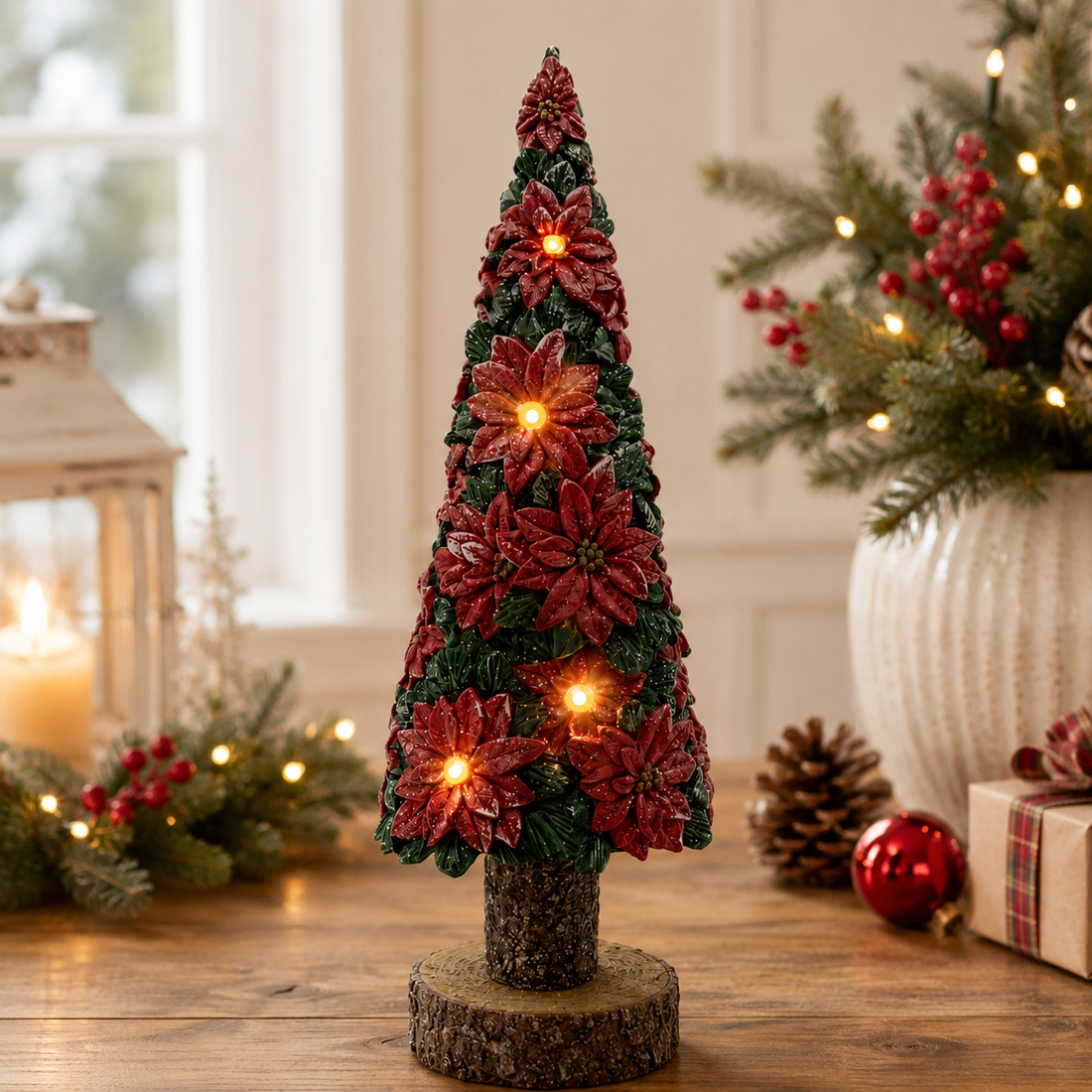 13" Poinsettia Christmas Tree with LED Light- Festive Holiday Decoration
