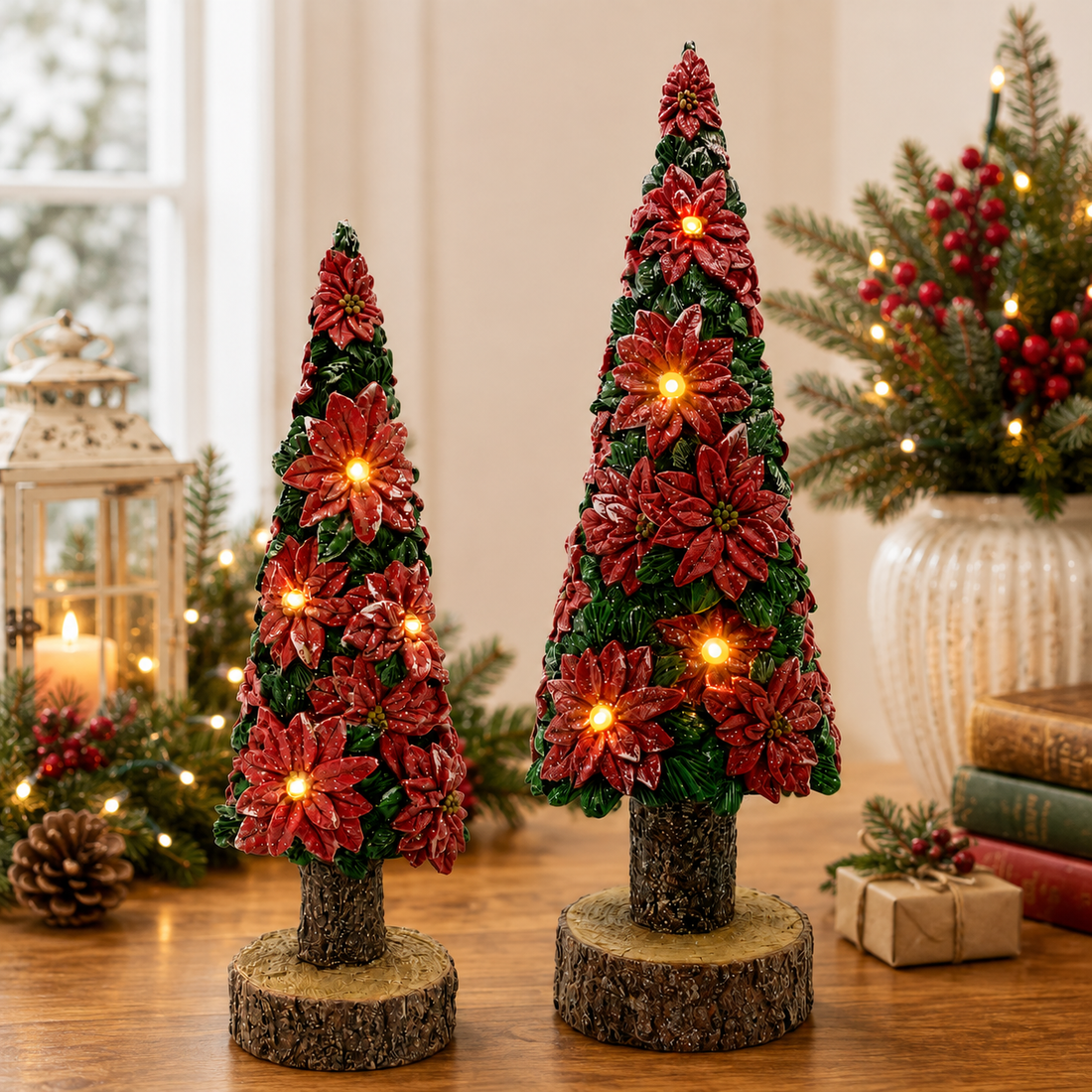 13" Poinsettia Christmas Tree with LED Light- Festive Holiday Decoration