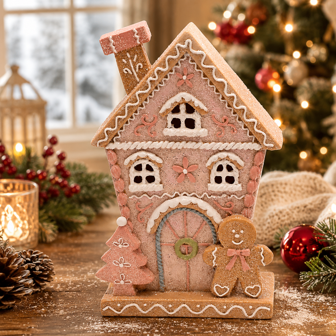 8.5" Light-Up Pastel Christmas Gingerbread House – Whimsical Holiday Decor