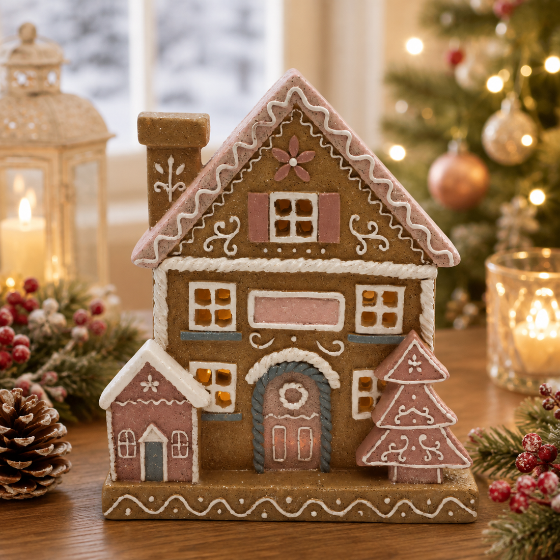 7.5" Gingerbread House – Festive Pastel Christmas Decor LED Light-Up Resin
