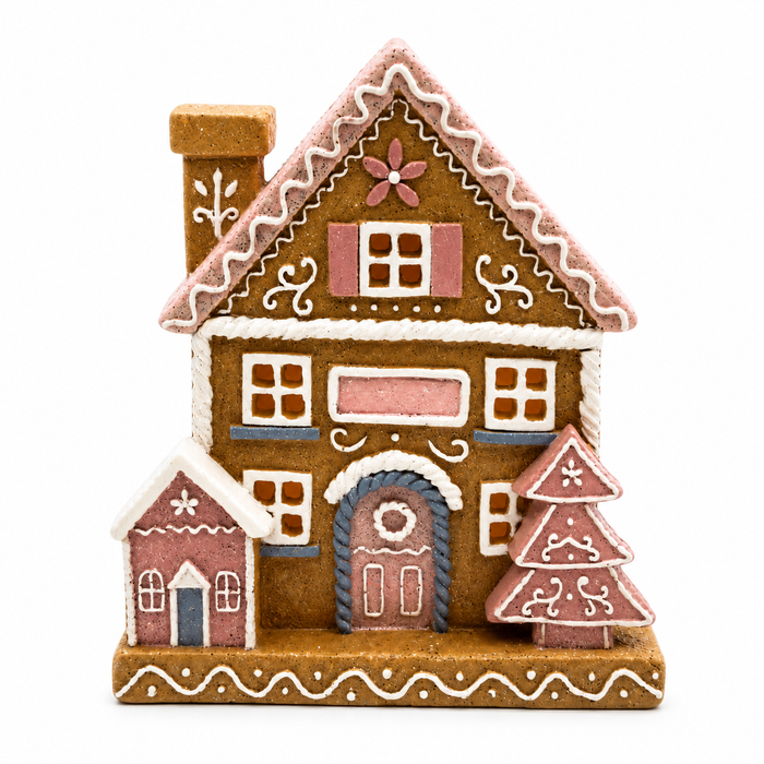 7.5" Gingerbread House – Festive Pastel Christmas Decor LED Light-Up Resin