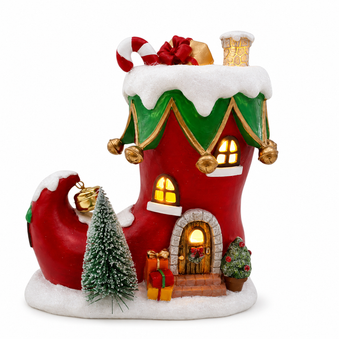 8" Light-Up Christmas Resin Boot House – Festive Holiday Decor