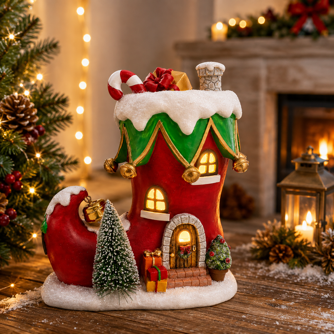 8" Light-Up Christmas Resin Boot House – Festive Holiday Decor