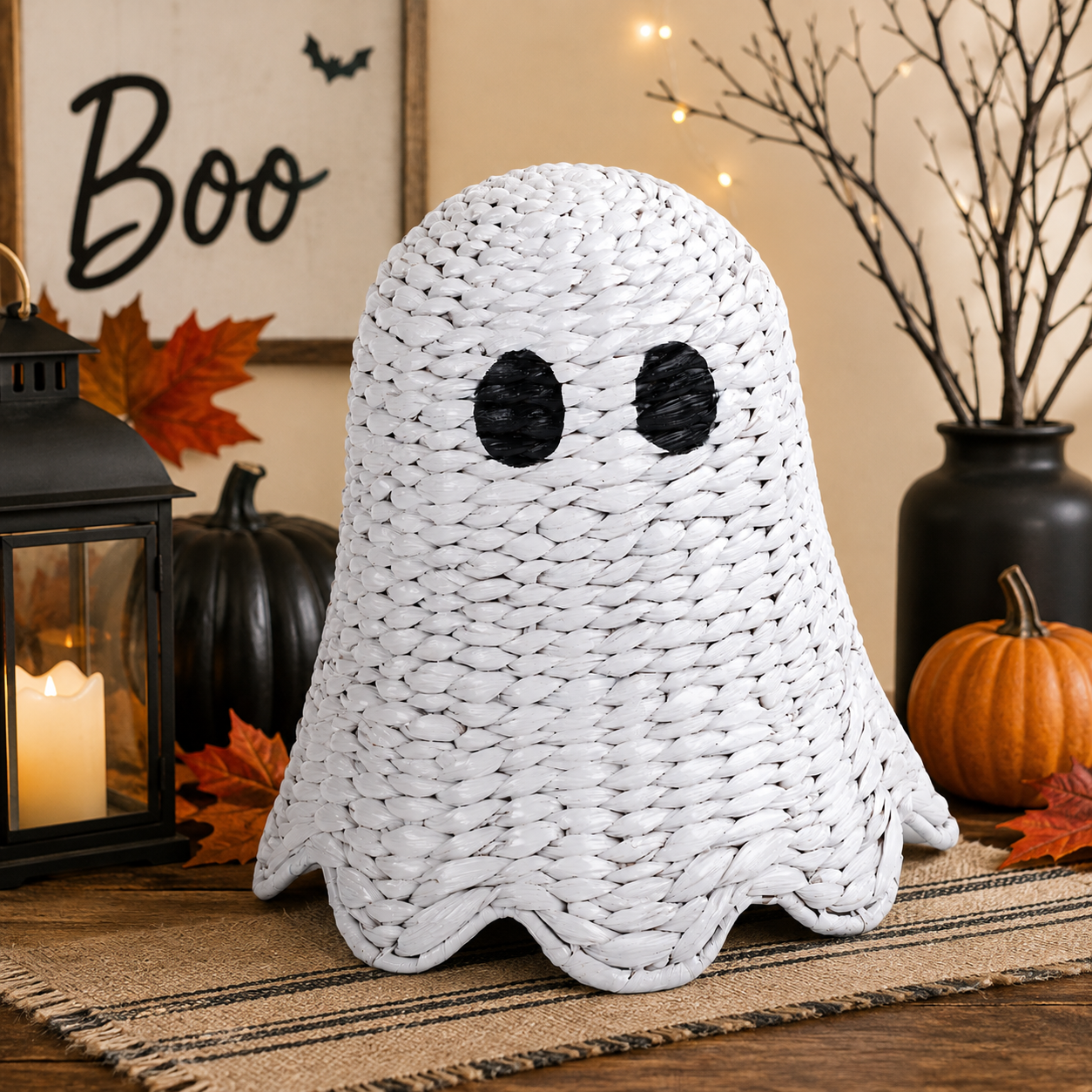11" White Woven Seagrass Ghost Halloween Tabletop Décor