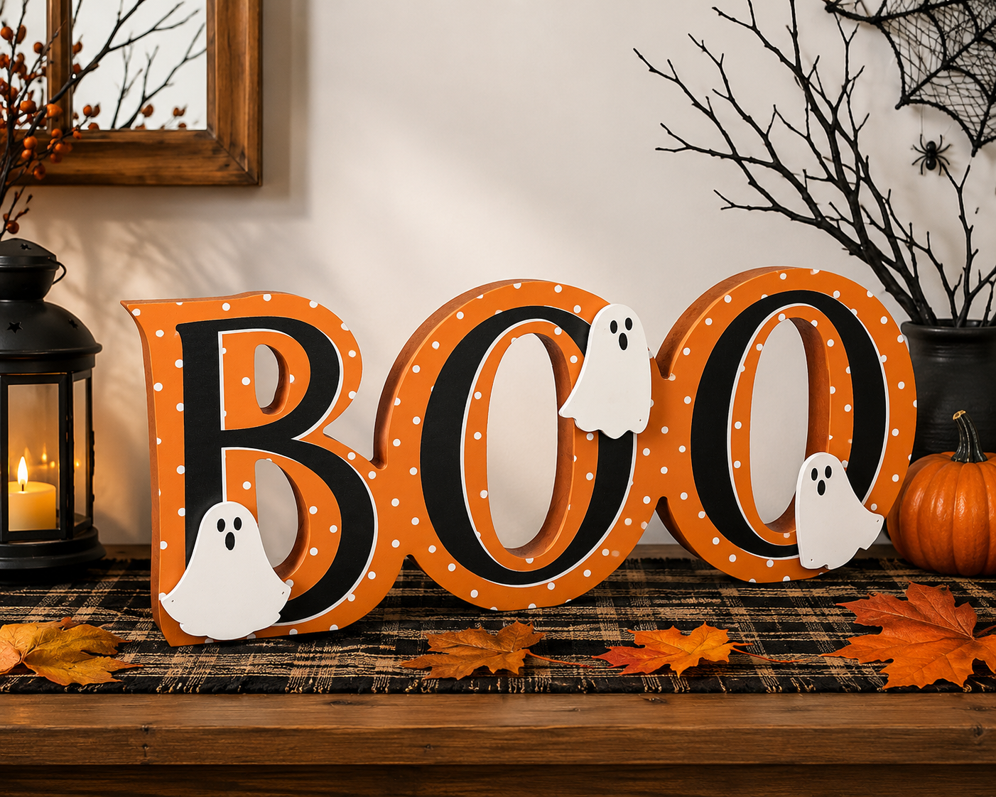 14" Orange & Black Boo Halloween Tabletop Sign Decoration