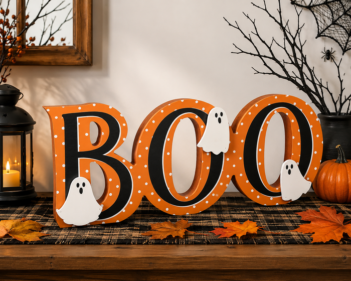 14-inch orange and black BOO Halloween tabletop sign