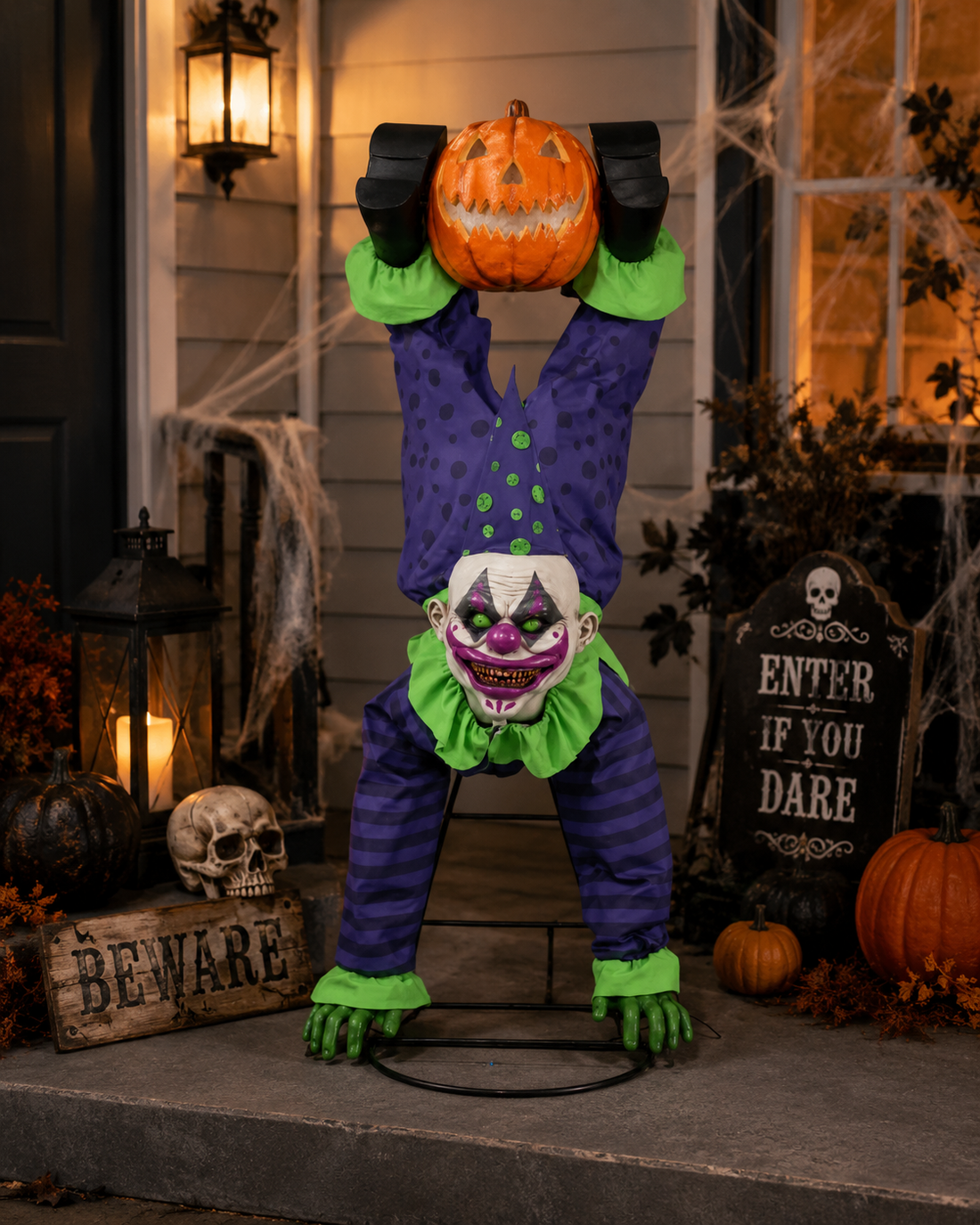 5-foot animated hanging clown with light-up jack-o'-lantern Halloween decoration