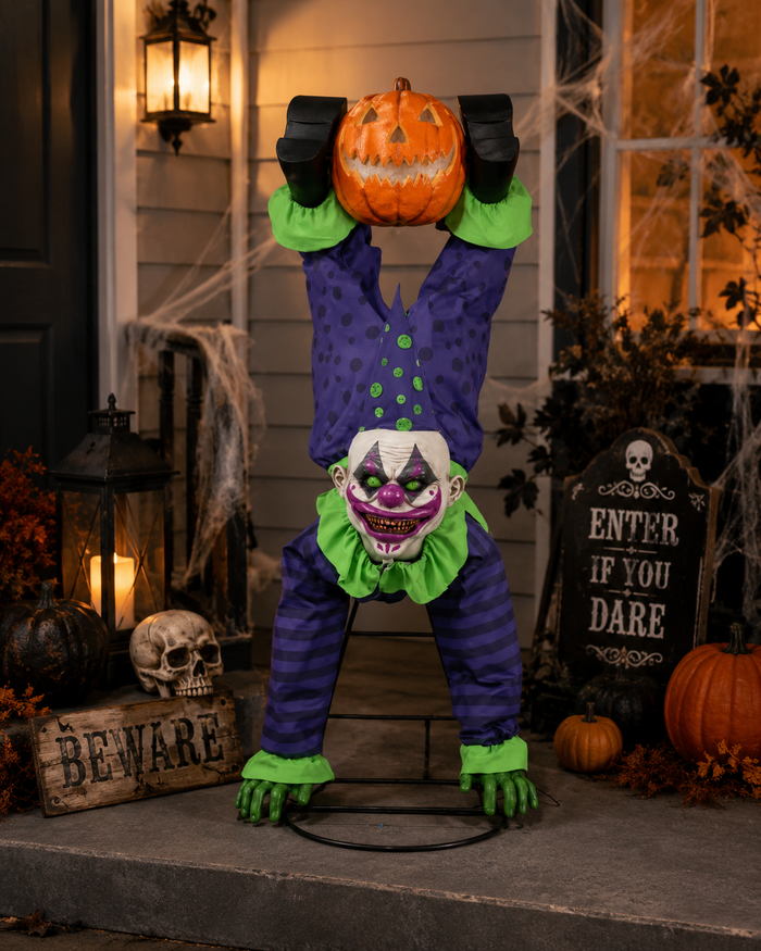 5-foot animated hanging clown with light-up jack-o'-lantern Halloween decoration