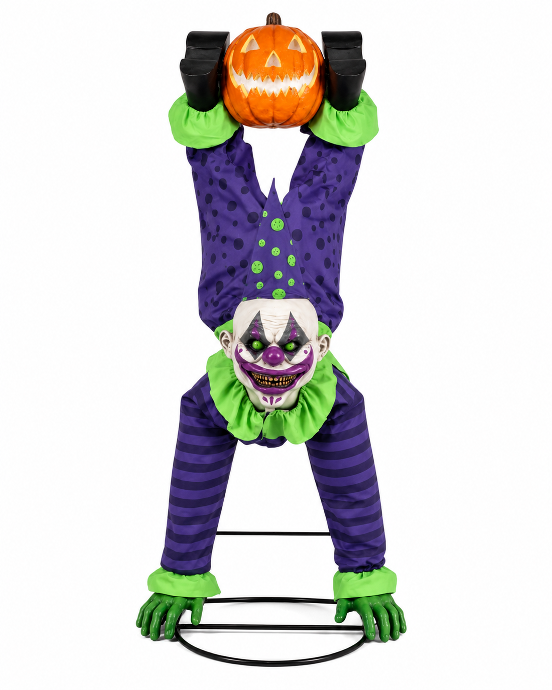 upside-down hanging clown Halloween decoration with glowing pumpkin