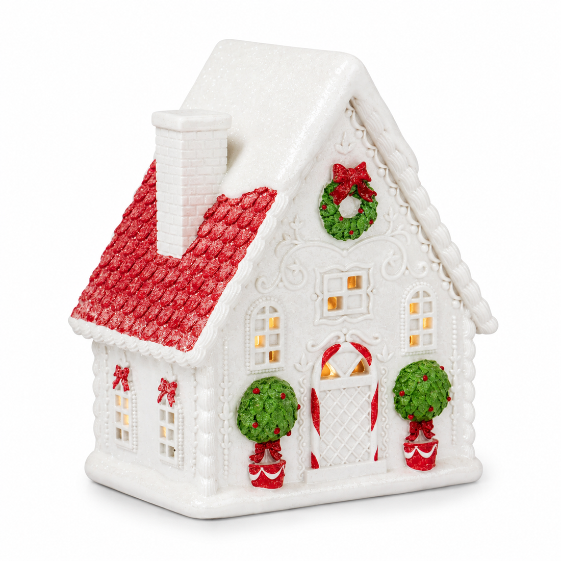 10" Gingerbread House with LED Lights – White, Red, and Green Christmas Decor