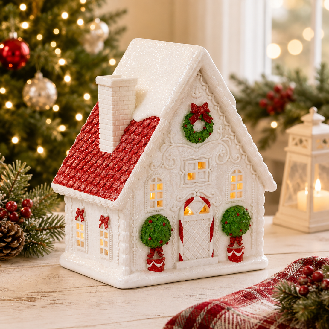 10" Gingerbread House with LED Lights – White, Red, and Green Christmas Decor