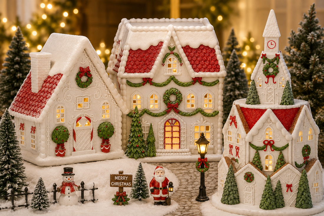 10" Gingerbread House with LED Lights – White, Red, and Green Christmas Decor