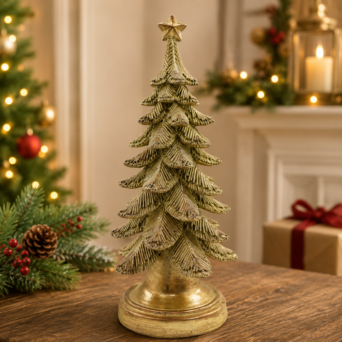 12.9" Gold Resin Christmas Tree – Elegant Holiday Decoration