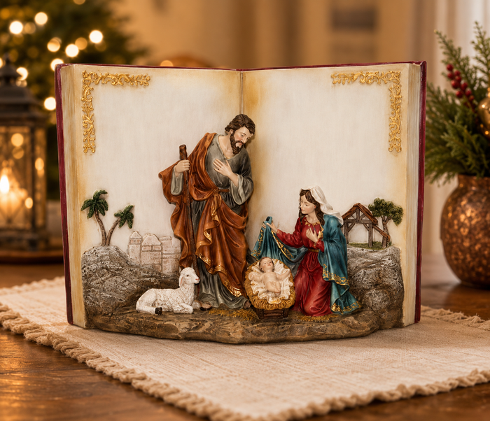 9" Holy Family in Bible Book - Unique Nativity Christmas Decoration