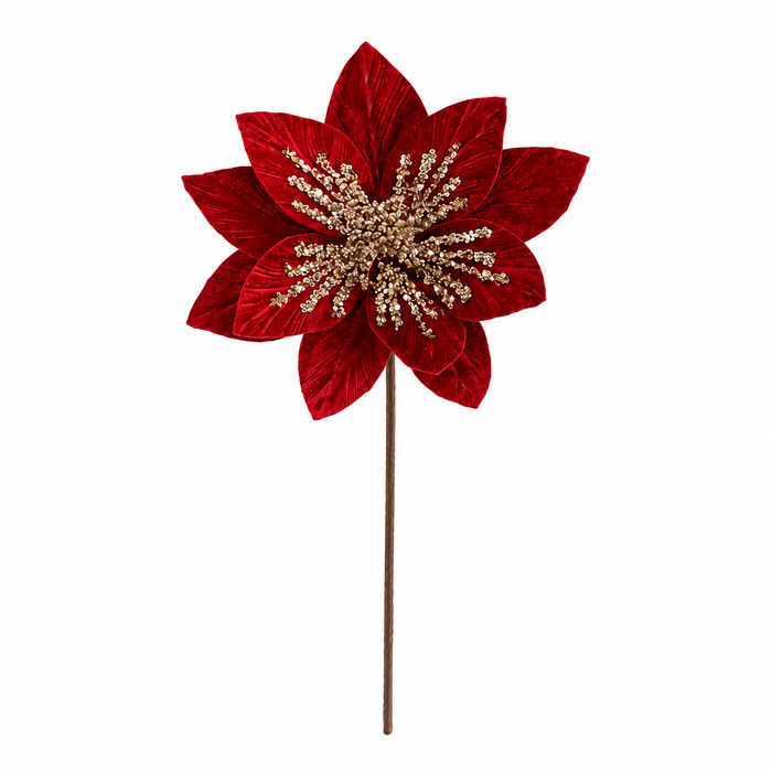 20-inch red velvet poinsettia pick with champagne gold sequins