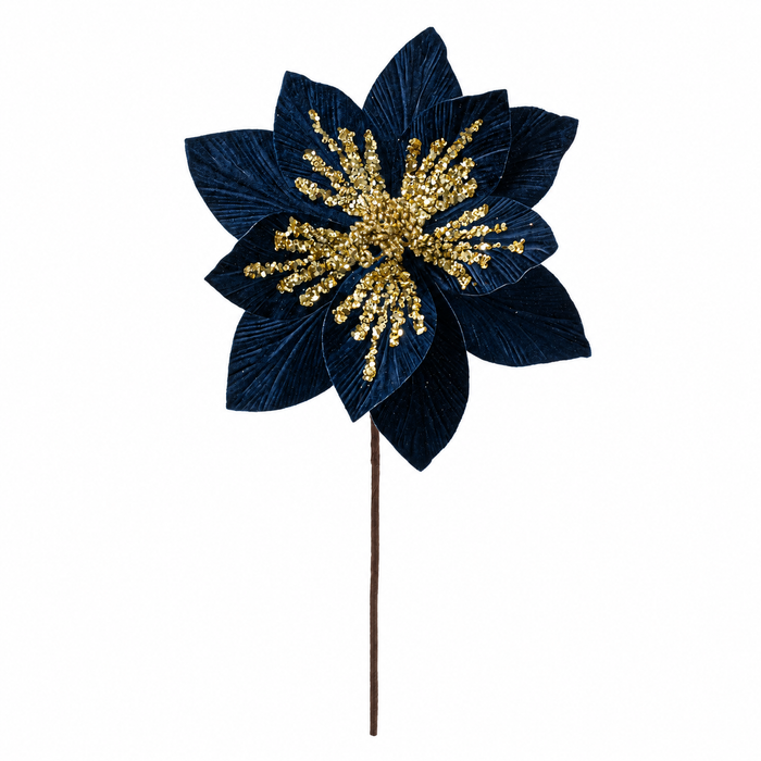 Navy blue velvet poinsettia pick with gold sequined center