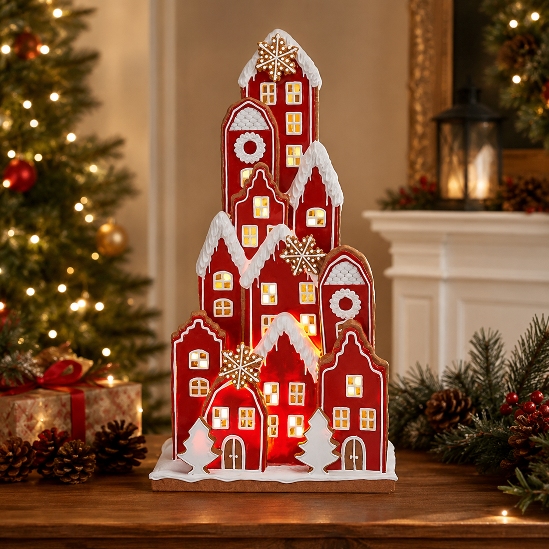 Lighted red Christmas village tabletop decoration alternate view