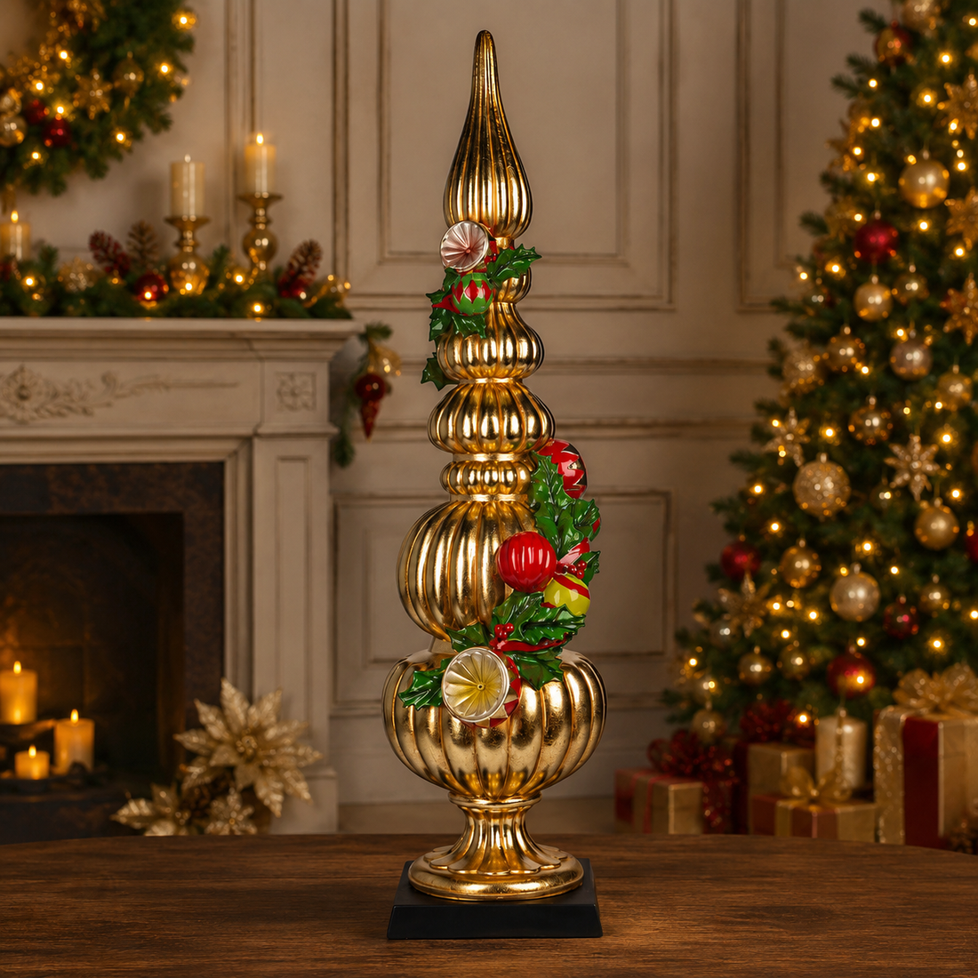 Gold holiday finial centerpiece with seasonal greenery alternate view