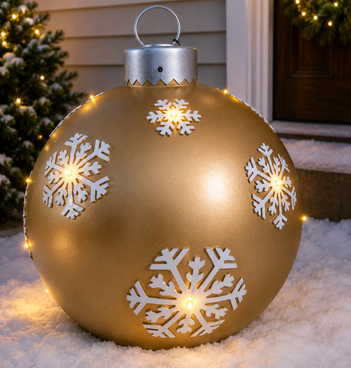 24-inch champagne gold LED Christmas ornament with snowflake cutouts and timer