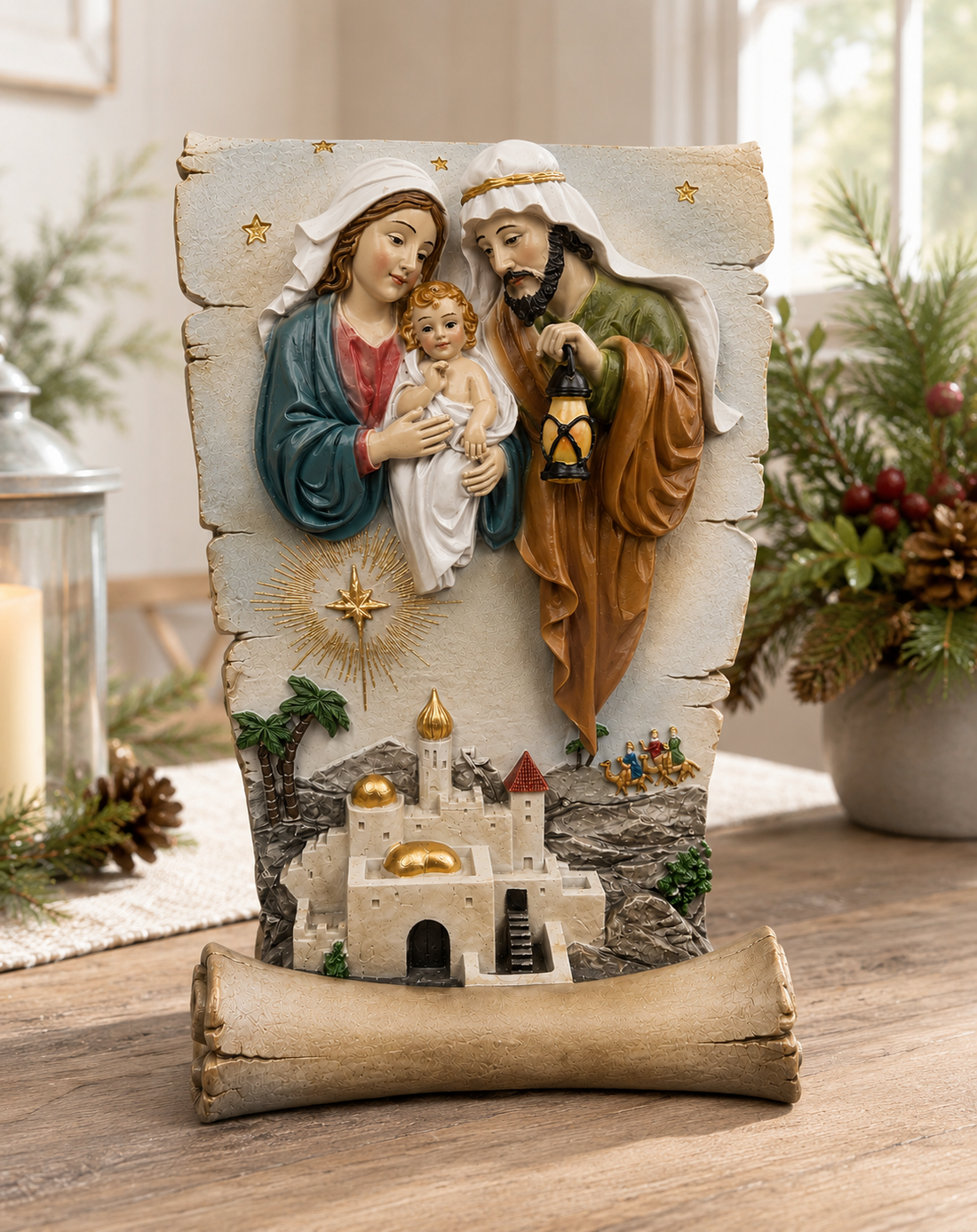 7" Holy Family in Scroll  Elegant Nativity Scene Decor for Christmas