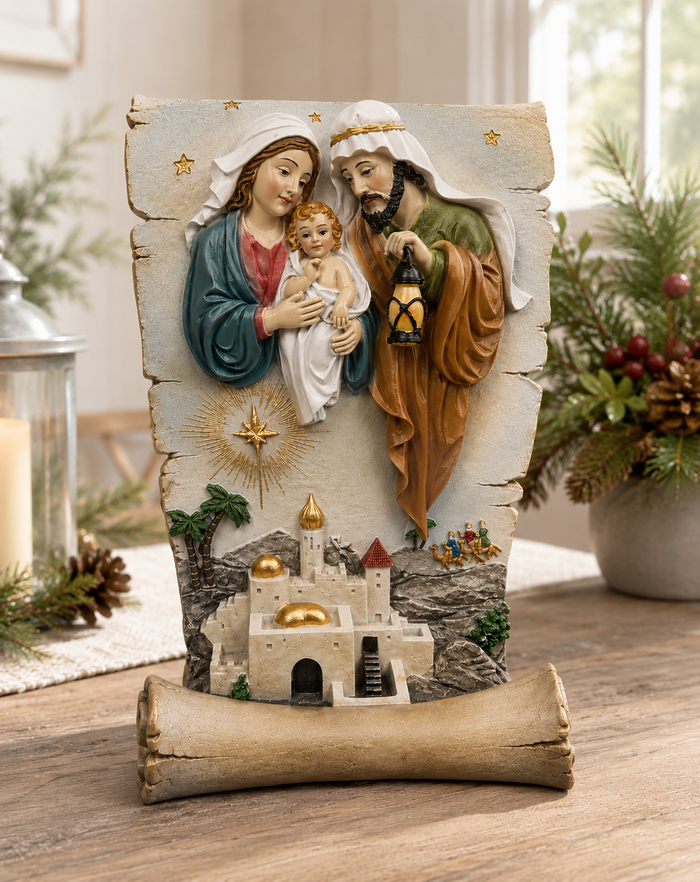 7" Holy Family in Scroll  Elegant Nativity Scene Decor for Christmas