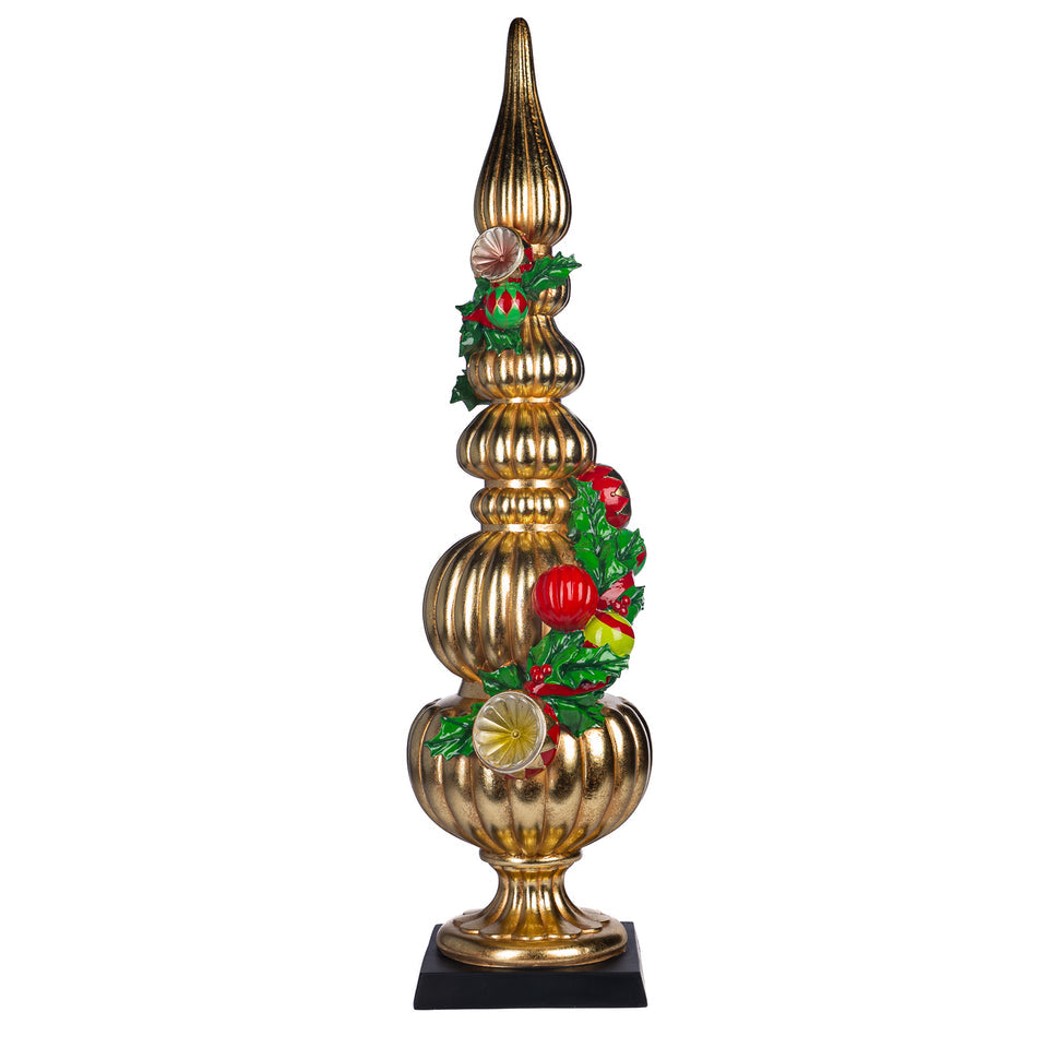 40-inch gold Christmas finial tabletop decoration with holly and ornaments