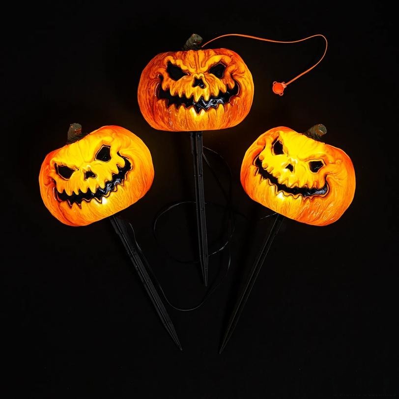 three-piece evil jack-o'-lantern Halloween pathway markers with lights and sound