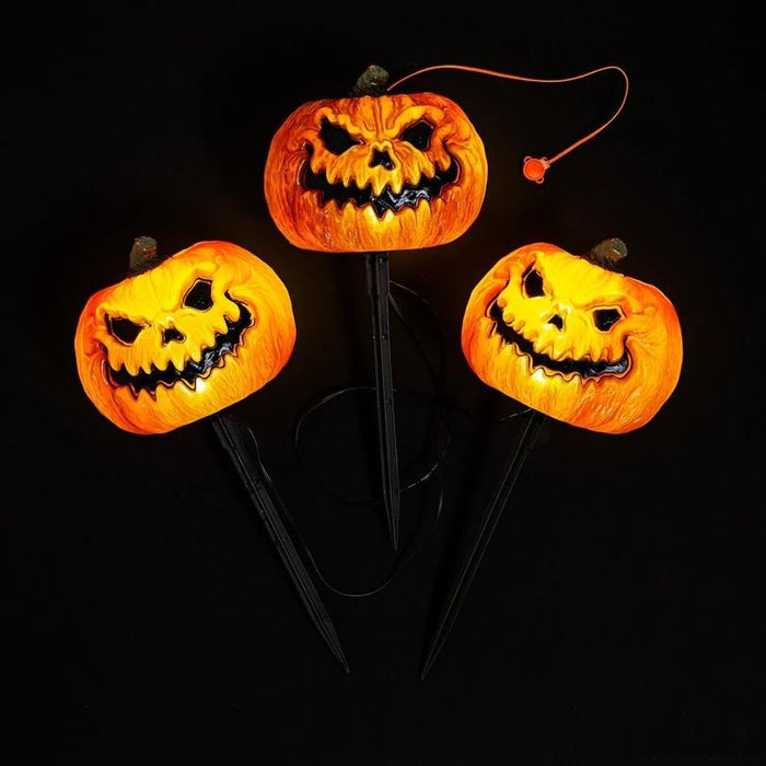 three-piece evil jack-o'-lantern Halloween pathway markers with lights and sound