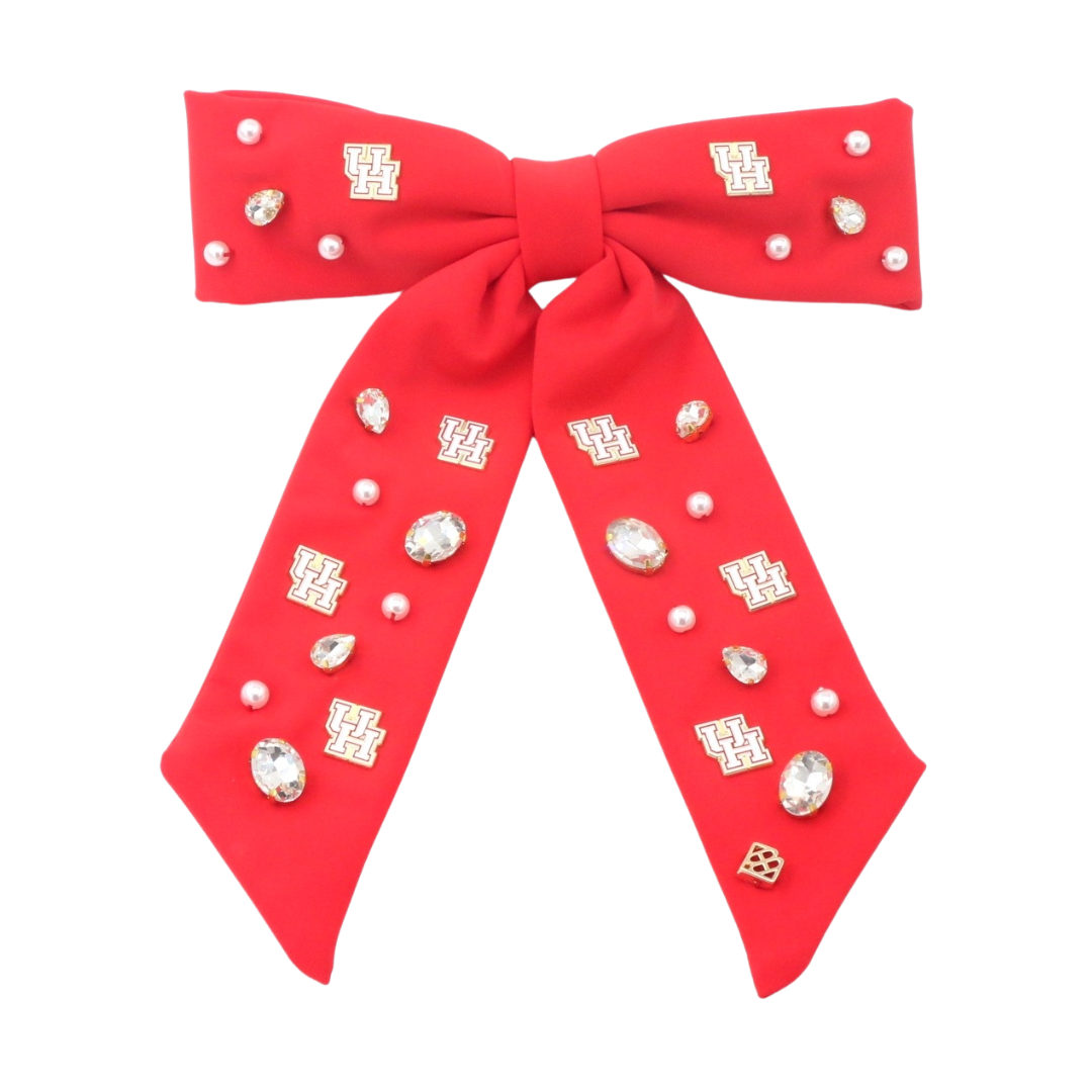 Houston Cougars red bow hair clip with UH logo charms and beads