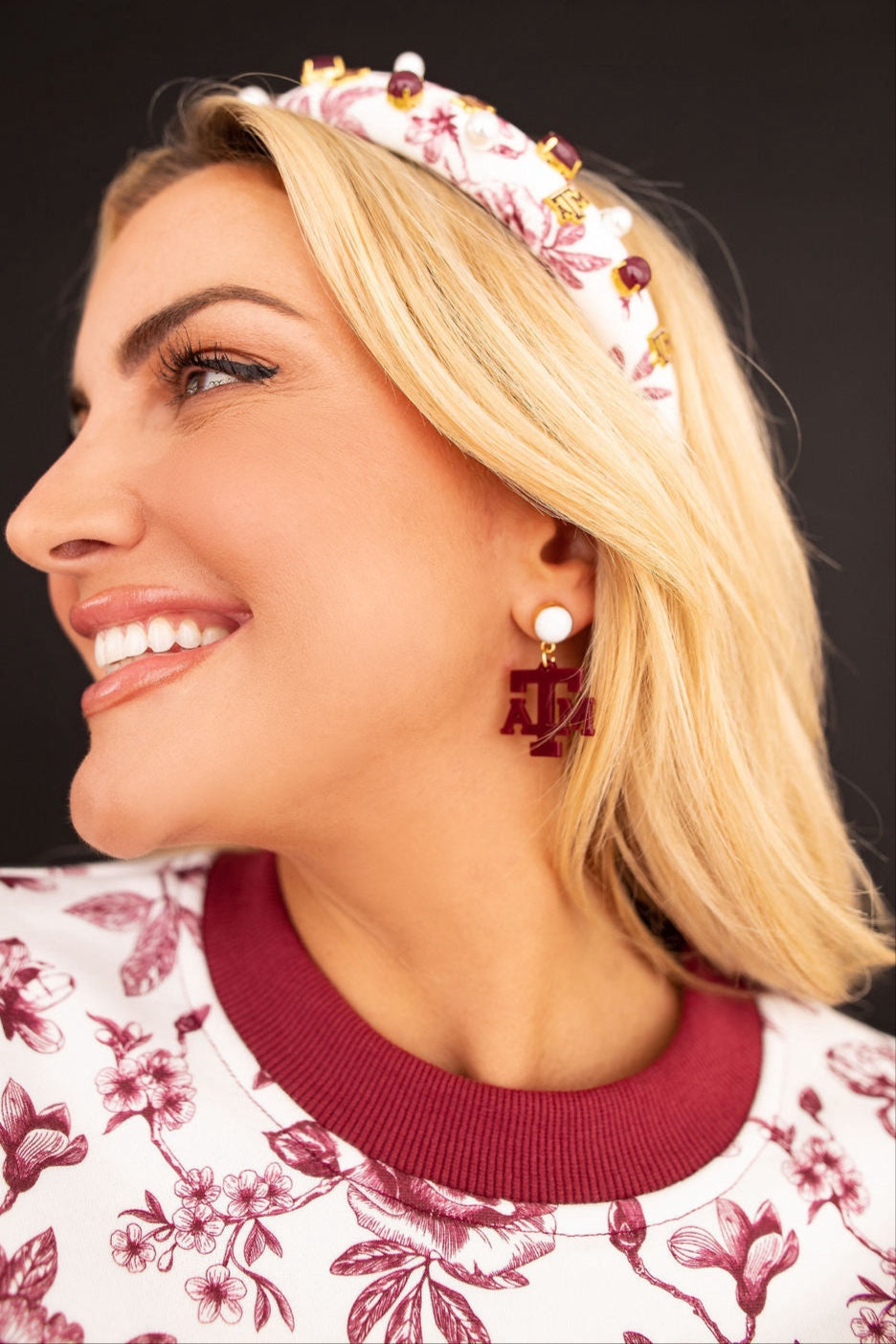 Texas A&M mini gameday earrings with white agate accent alternate view