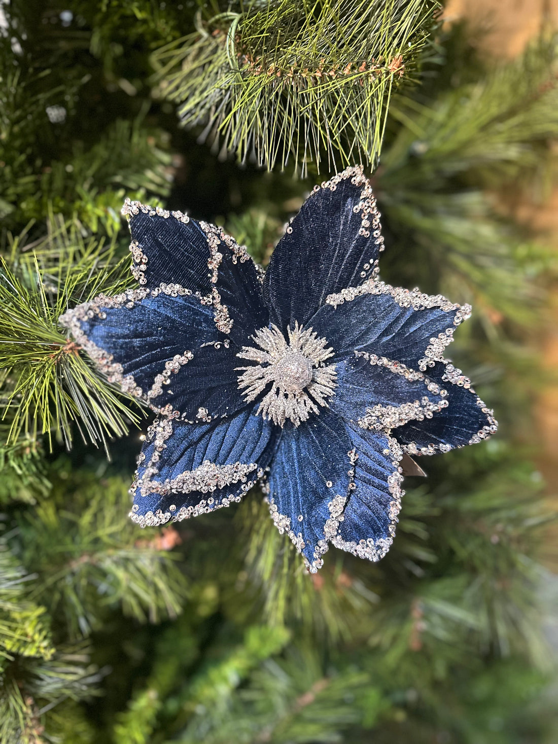 16"-Luxury Navy Velvet Magnolia Pick with Silver Glitter Trim